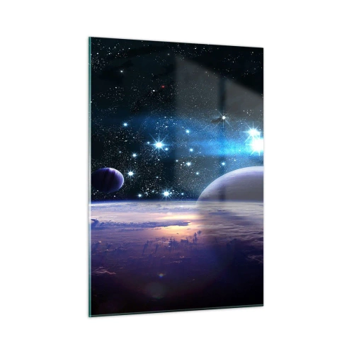 Impression sur verre - Image sur verre - Un paysage spatial avec des planètes et des étoiles sur fond de galaxie. - 50x70cm - Toujours seul? - Décoration murale moderne pour le salon et la chambre ARTTOR