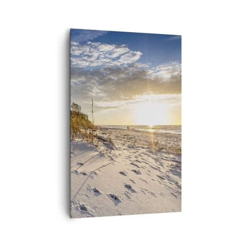Impression sur toile - Image sur toile - Dunes avec de l'herbe et des empreintes de pas dans le sable au coucher du soleil - 80x120cm - Invitation à la ballade - Décoration murale moderne pour le salon et la chambre ARTTOR