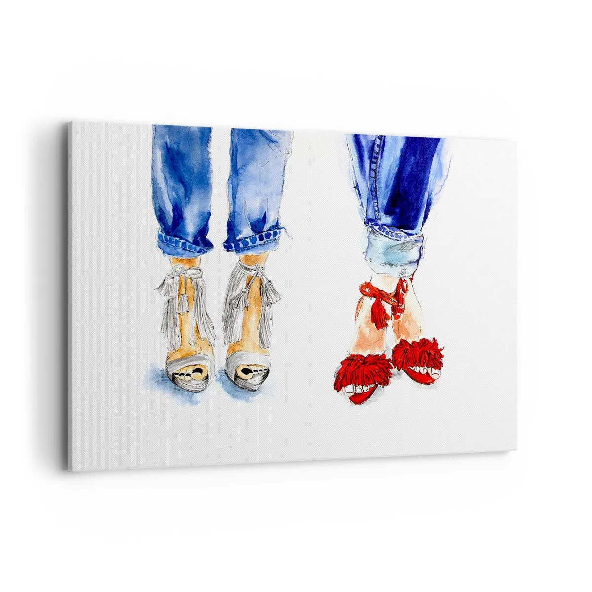 Impression sur toile - Image sur toile - Illustration de deux paires de chaussures dans des sandales élégantes et un jean - 100x70cm - Peut-être irons-nous nous promener? - Décoration murale moderne pour le salon et la chambre ARTTOR