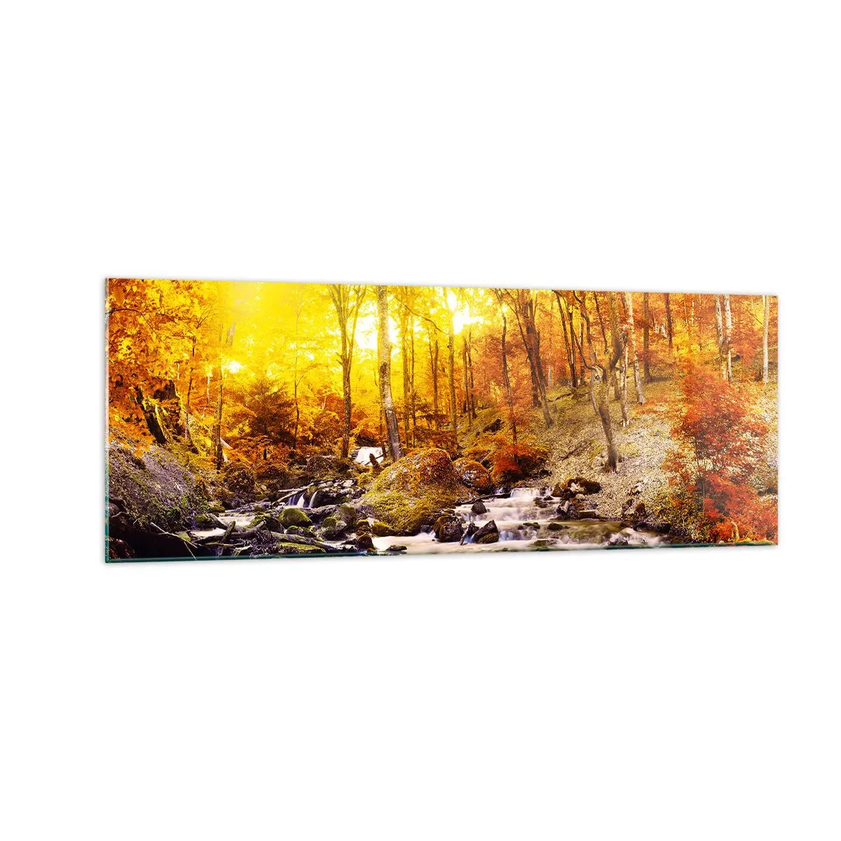 Impression sur verre - Image sur verre - Forêt d'automne avec un ruisseau parmi les feuilles dorées - 140x50cm - Pierres serties d'or et de platine - Décoration murale moderne pour le salon et la chambre ARTTOR