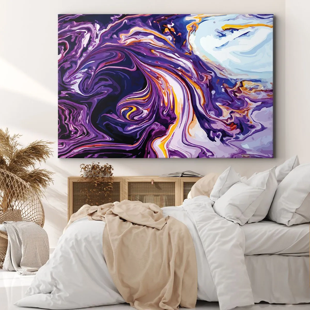 Impression sur toile - Image sur toile - Un motif abstrait dynamique dans des tons de violet et de jaune. - 120x80cm - La courbure de l'espace en violet - Décoration murale moderne pour le salon et la chambre ARTTOR