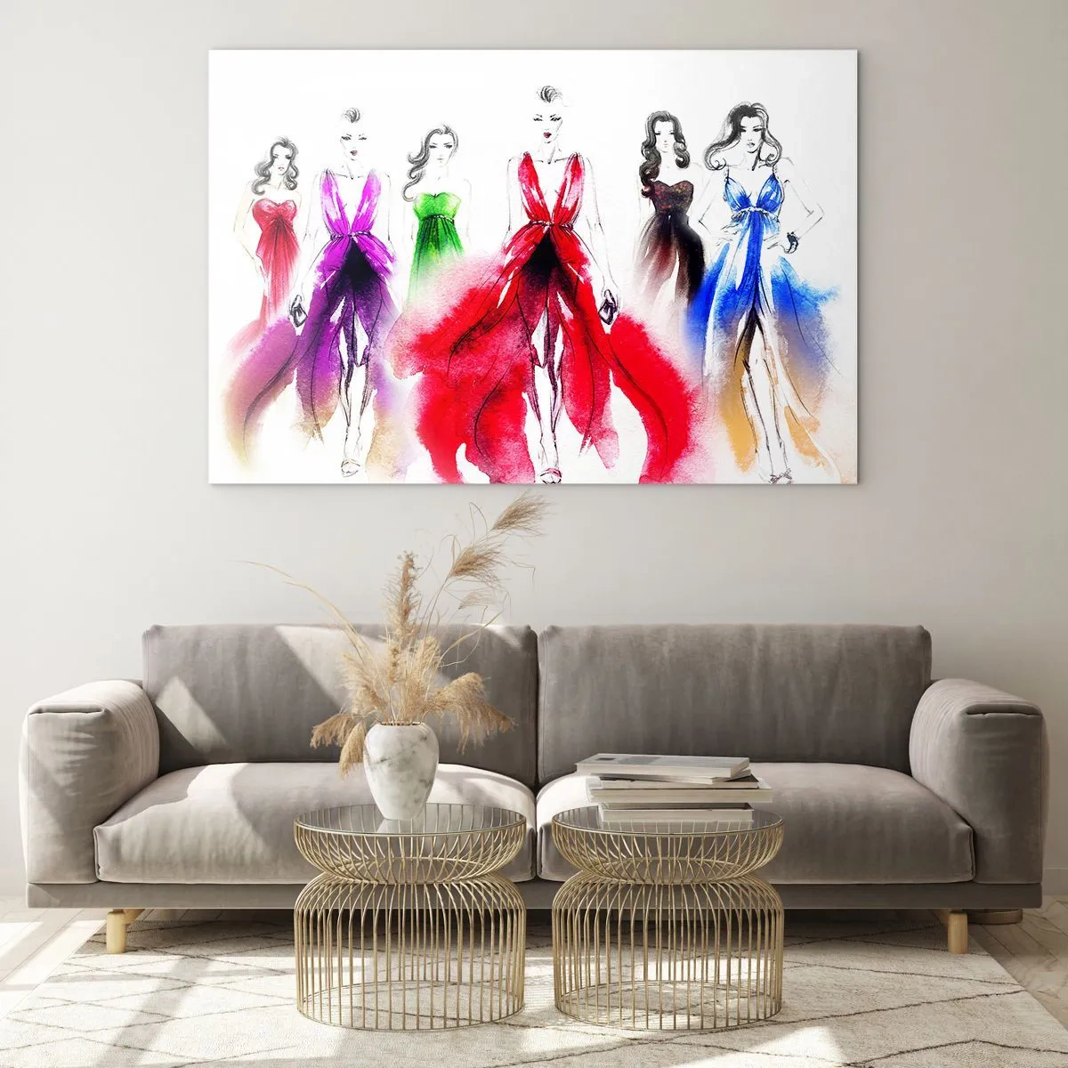 Impression sur verre - Image sur verre - Croquis de femmes en robes de soirée colorées - 70x50cm - Ambiances pour les déguisements - Décoration murale moderne pour le salon et la chambre ARTTOR