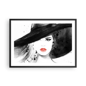 Affiche dans un cadre noir - Poster - Portrait d'une femme au chapeau et aux lèvres rouges - 70x50cm - Dame en noir - Décoration murale moderne pour le salon et la chambre ARTTOR