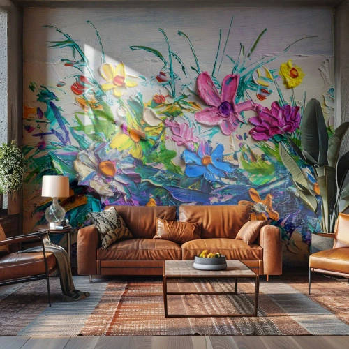 Papier Peint Photo Premium Sand - Absolument pas une nature morte - Fleurs, Bouquet de fleurs, Jardin - 250x175 cm