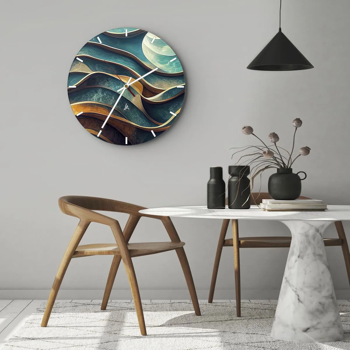 Horloge murale - Pendule murale - Vagues abstraites de bleu et de marron avec un effet 3D - 30x30cm - Méandres de bleu - Décoration murale moderne pour le salon, la cuisine et la chambre ARTTOR