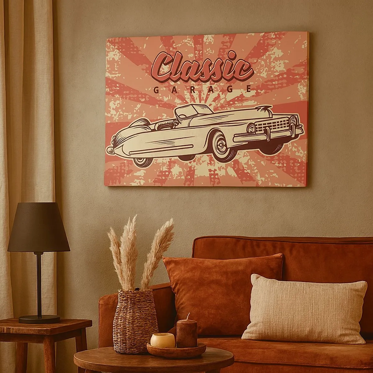 Impression sur toile - Image sur toile - Affiche rétro avec une voiture classique et les mots Classic Garage - 70x50cm - Et à la radio, Elvis - Décoration murale moderne pour le salon et la chambre ARTTOR