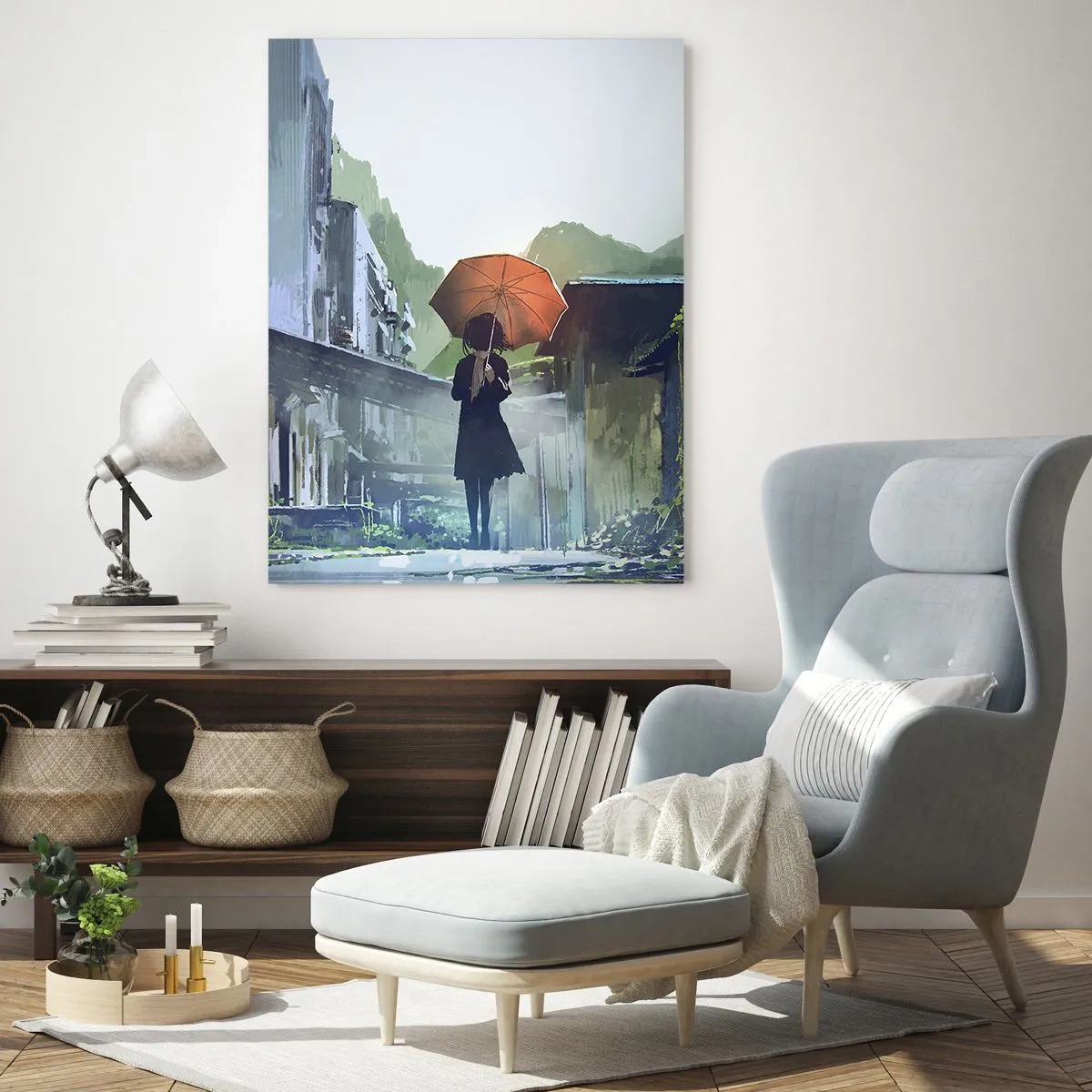 Impression sur verre - Image sur verre - Une silhouette avec un parapluie dans une ville pluvieuse - 80x120cm - Pluie vivifiante - Décoration murale moderne pour le salon et la chambre ARTTOR