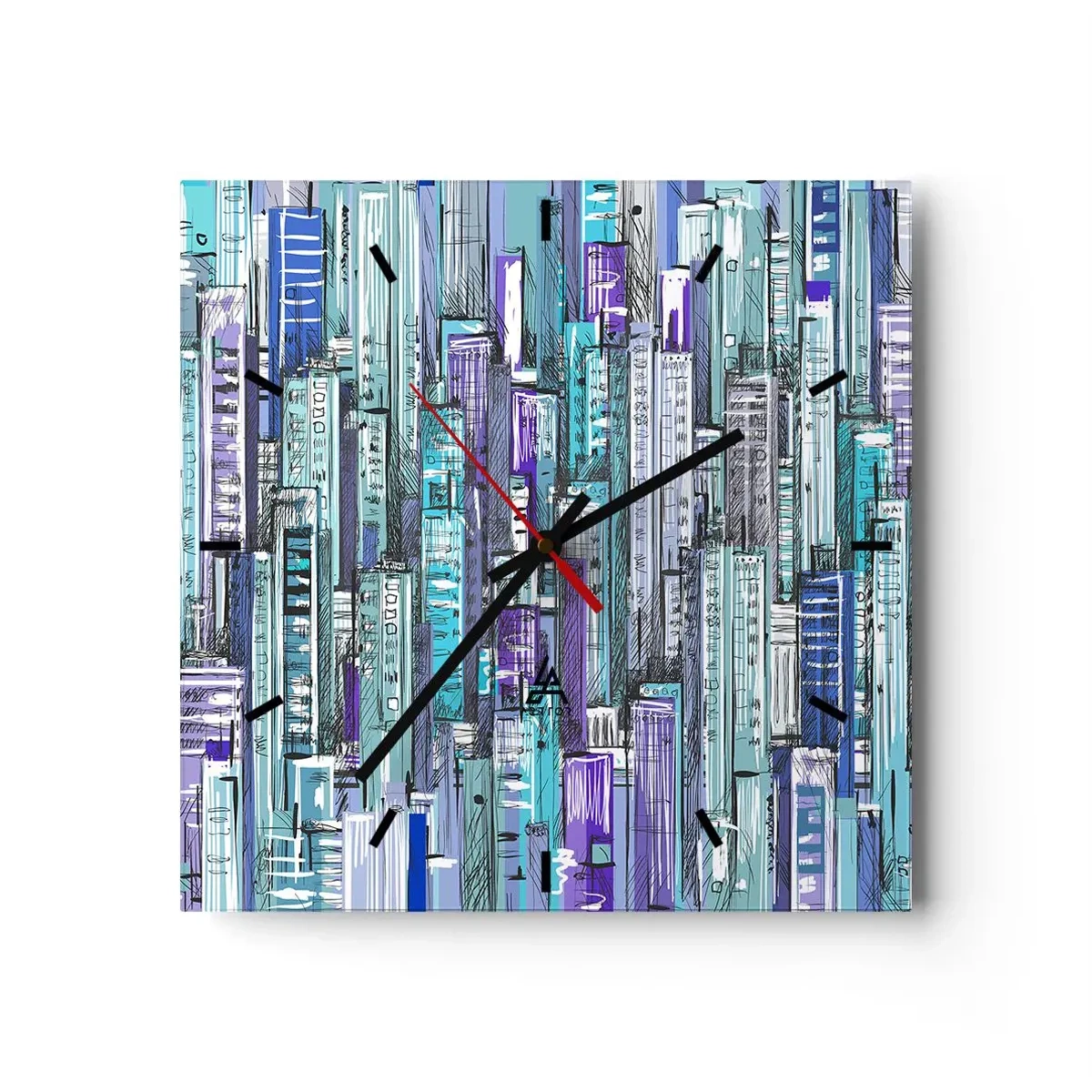 Horloge murale - Pendule murale - Illustration d'une ville avec des bâtiments géométriques dans des tons de bleu et de violet. - 30x30cm - Bleuâtre avec le ciel - Décoration murale moderne pour le salon et la chambre ARTTOR