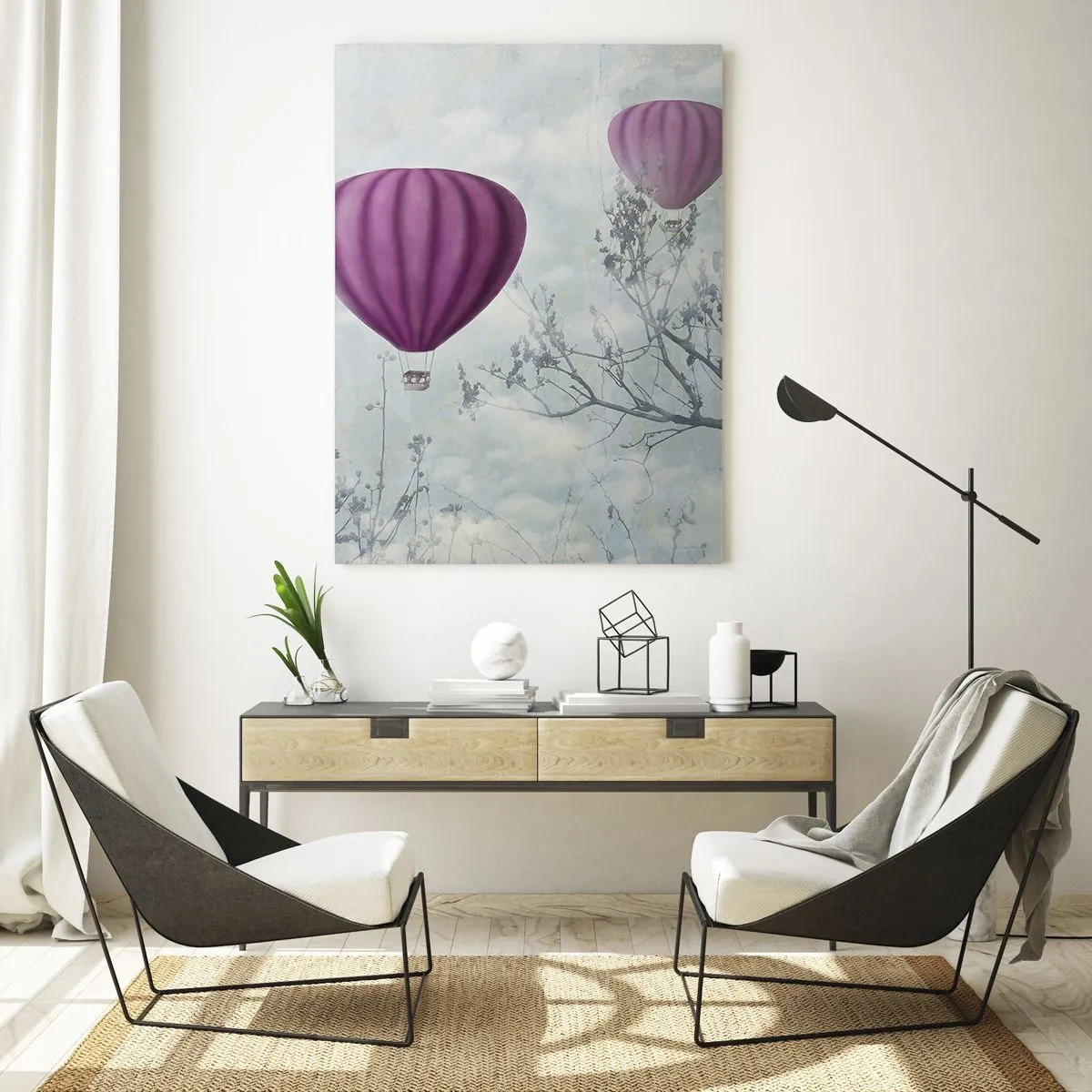 Impression sur verre - Image sur verre - Des ballons violets flottant parmi les nuages et les branches des arbres - 50x70cm - Comme des navires dans le ciel - Décoration murale moderne pour le salon et la chambre ARTTOR