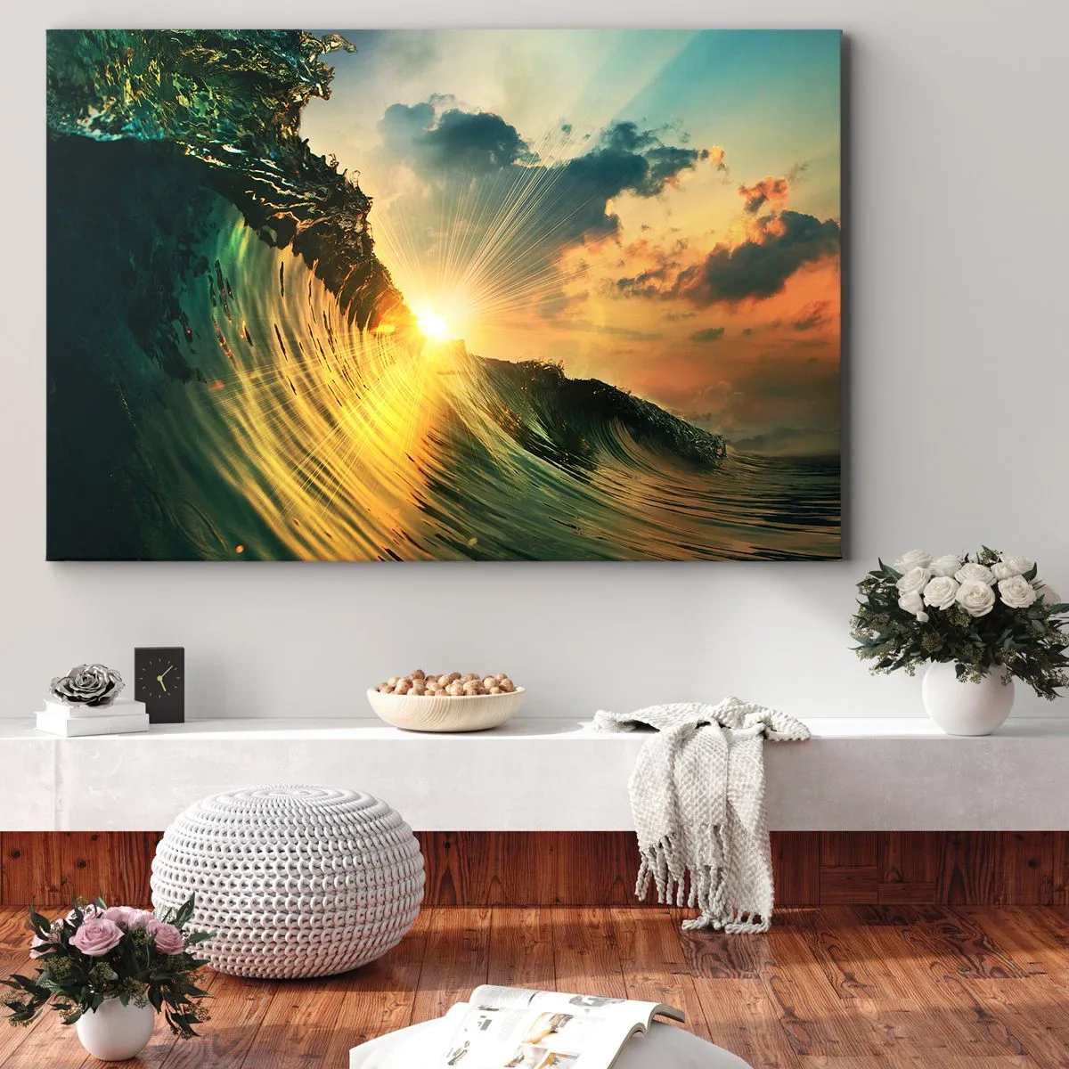 Impression sur toile - Image sur toile - Une vague avec le soleil couchant et les nuages illuminés - 100x70cm - Surfeur, où es-tu ? - Décoration murale moderne pour le salon et la chambre ARTTOR