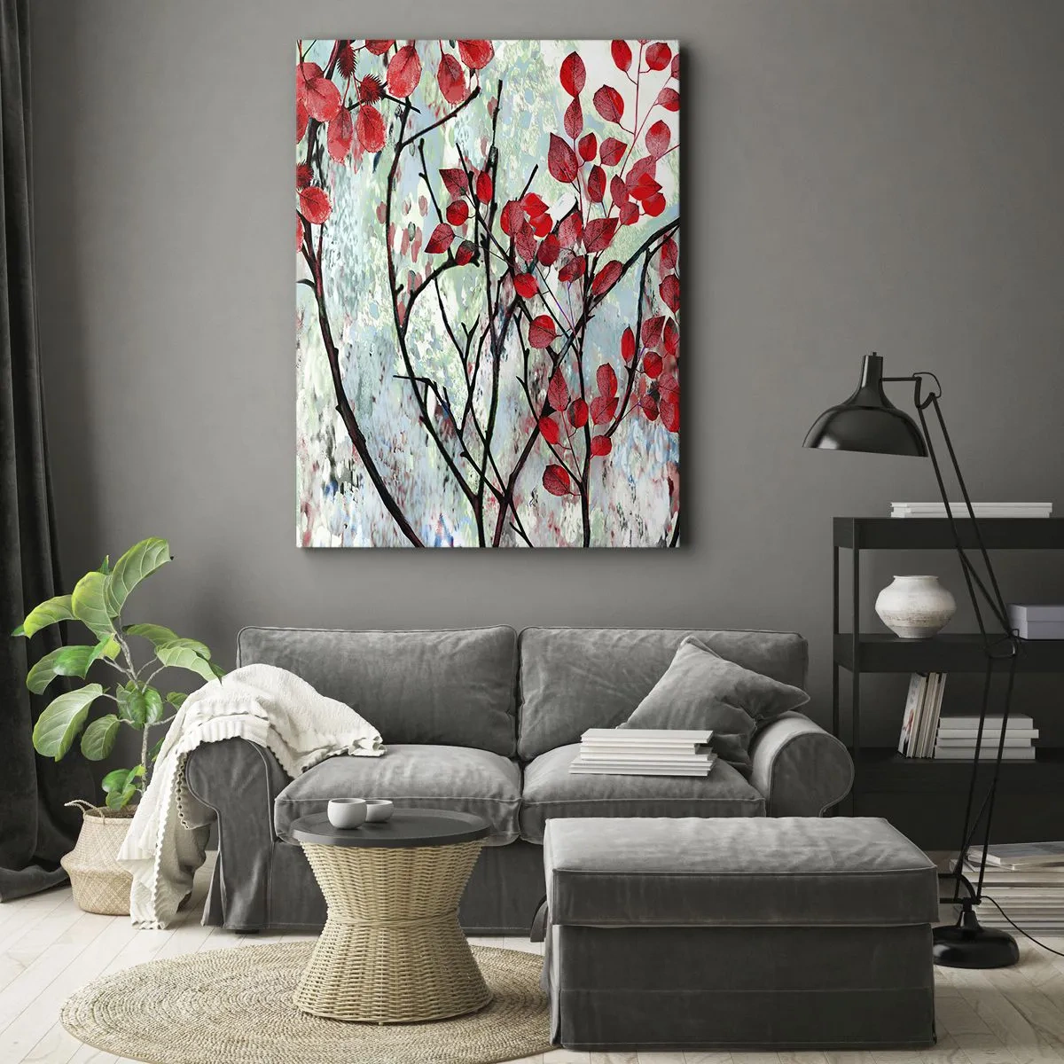 Impression sur toile - Image sur toile - Feuilles rouges sur un ciel lumineux avec des motifs abstraits - 50x70cm - Arbre en écarlate - Décoration murale moderne pour le salon et la chambre ARTTOR