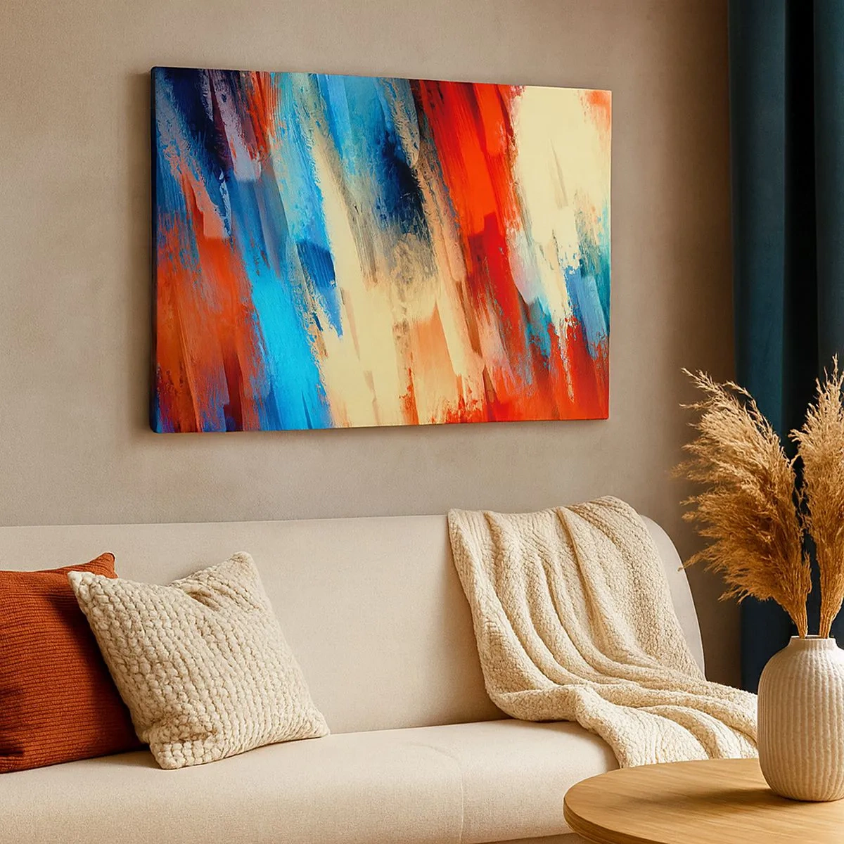 Impression sur toile - Image sur toile - Coup de pinceau abstrait dans les tons bleu et orange - 70x50cm - Une cascade de couleurs - Décoration murale moderne pour le salon et la chambre ARTTOR