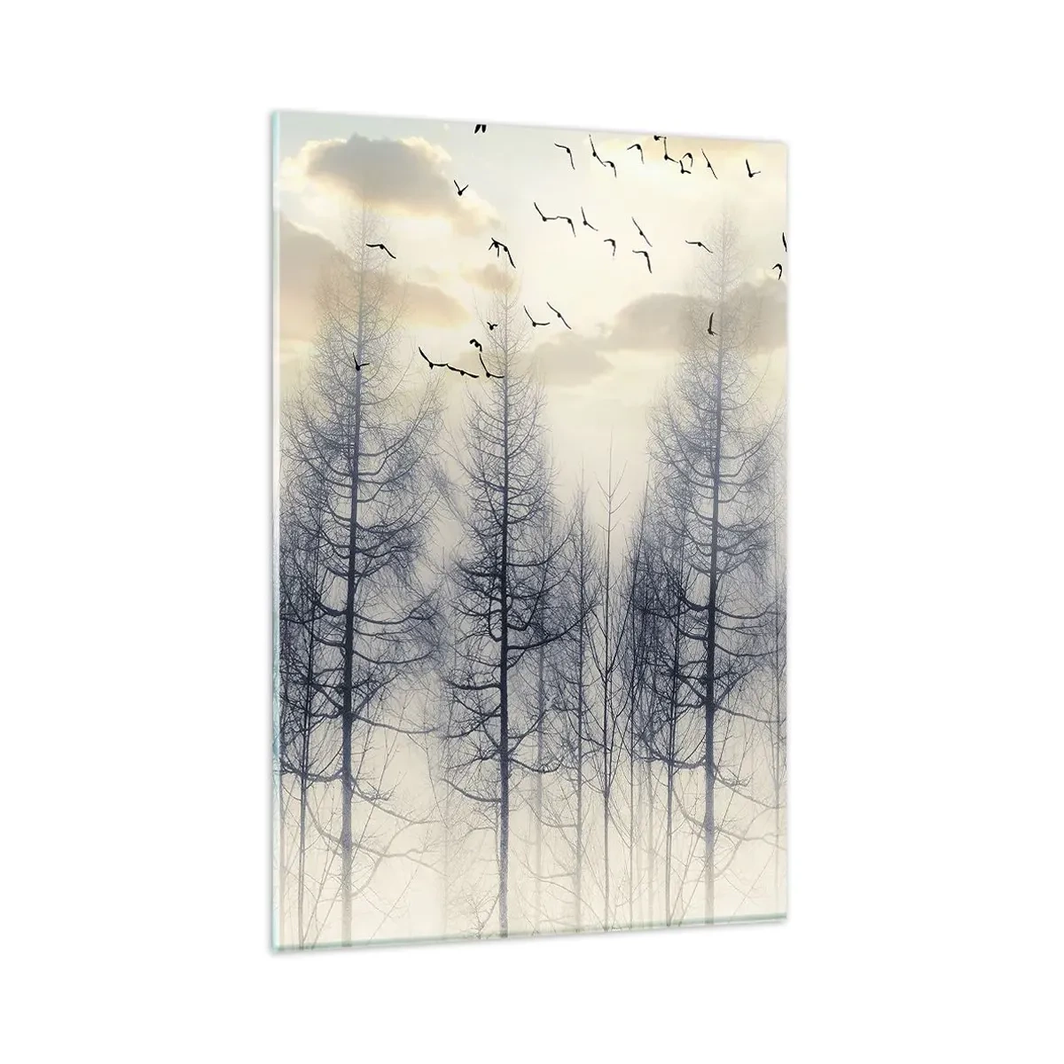 Impression sur verre - Image sur verre - Forêt brumeuse avec des oiseaux contre le ciel du coucher du soleil - 80x120cm - L'âme de la forêt - Décoration murale moderne pour le salon et la chambre ARTTOR