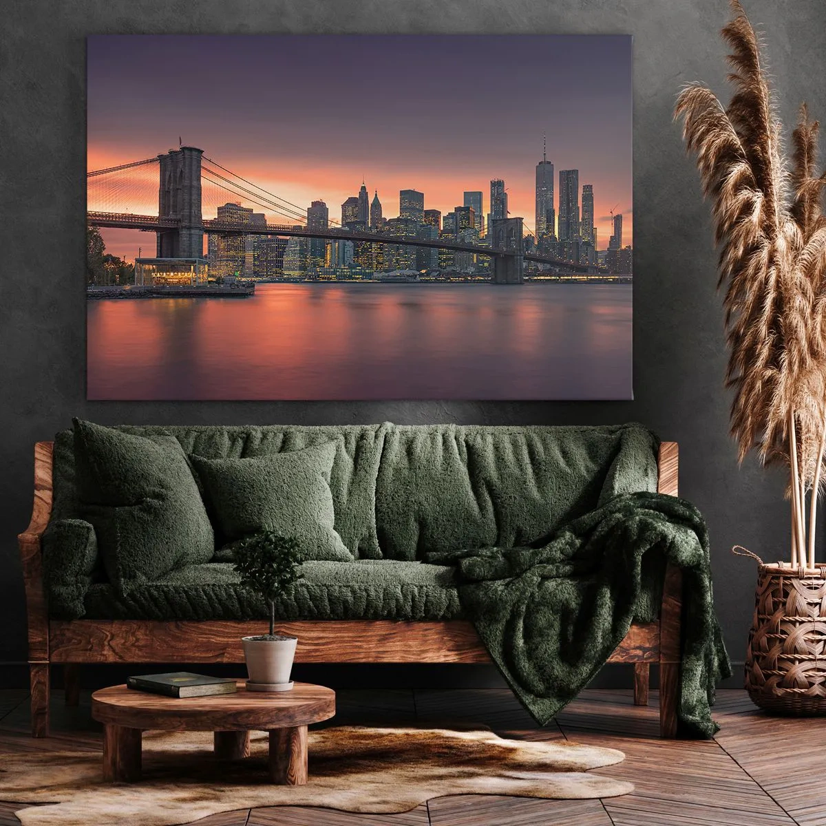 Impression sur toile - Image sur toile - Panorama nocturne de la ville avec un pont et un ciel illuminé - 120x80cm - Immergé dans le silence lilas - Décoration murale moderne pour le salon et la chambre ARTTOR
