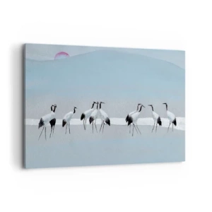 Impression sur toile - Image sur toile - Un groupe de grues contre un ciel bleu et le soleil levant - 120x80cm - Après une chaude journée - Décoration murale moderne pour le salon et la chambre ARTTOR