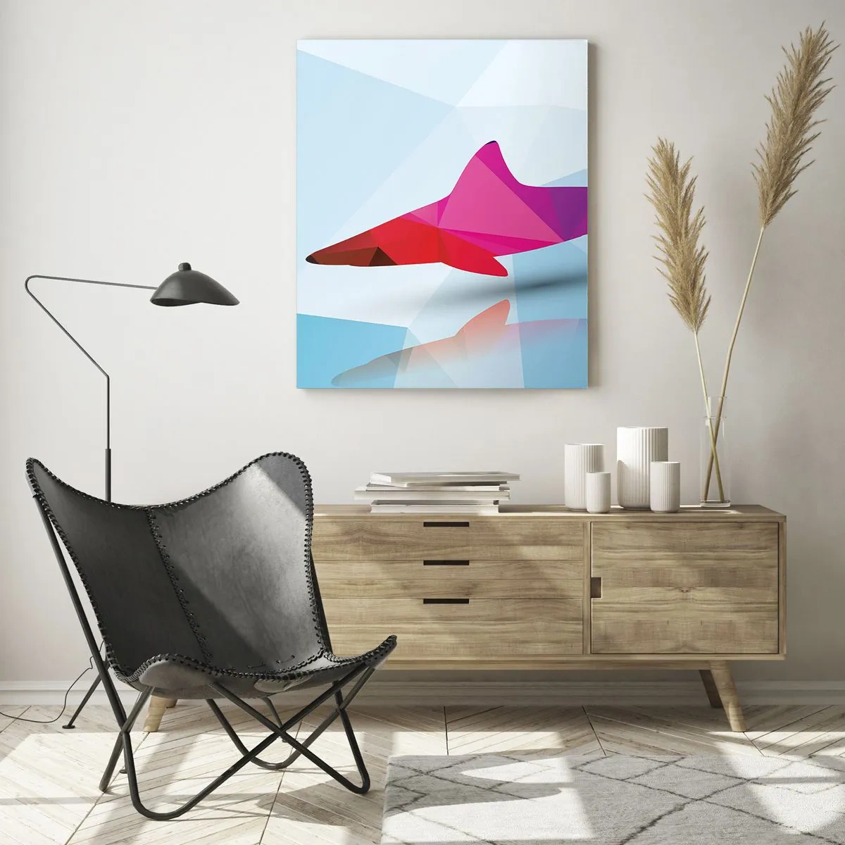 Impression sur verre - Image sur verre - Silhouette de requin géométrique dans les tons rose et bleu - 80x120cm - Un requin dans un espace de cristal - Décoration murale moderne pour le salon et la chambre ARTTOR
