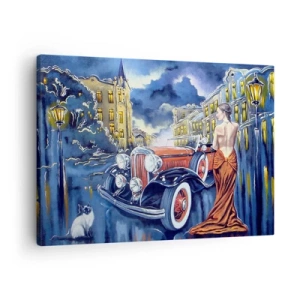 Impression sur toile - Image sur toile - Une femme dans une robe élégante à côté d'une voiture rétro la nuit - 70x50cm - Nocturne en bleu et corail - Décoration murale moderne pour le salon et la chambre ARTTOR