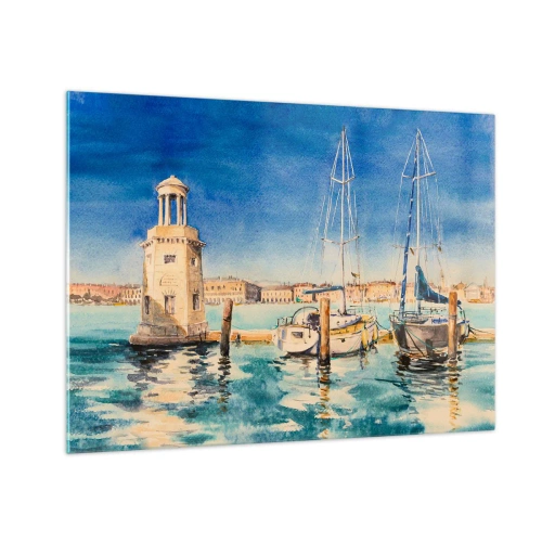 Impression sur verre - Image sur verre - Marina à l'aquarelle avec un phare et des yachts amarrés - 70x50cm - Lagune ensoleillée - Décoration murale moderne pour le salon et la chambre ARTTOR