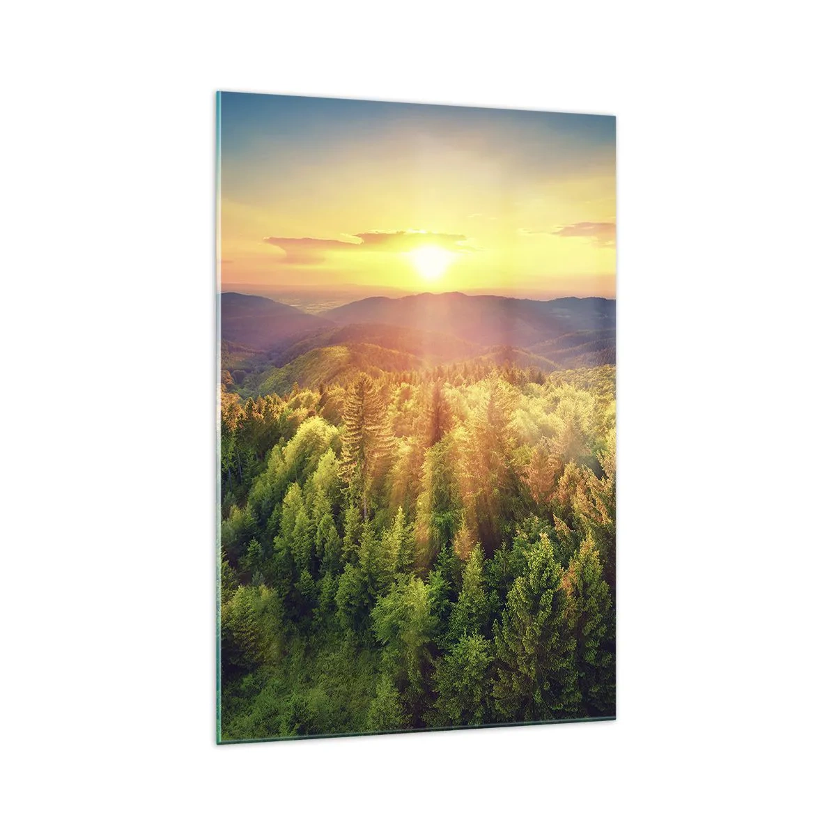 Impression sur verre - Image sur verre - Paysage forestier avec coucher de soleil sur les collines - 70x100cm - Monts et sommets - Décoration murale moderne pour le salon et la chambre ARTTOR