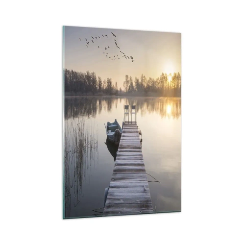 Impression sur verre - Image sur verre - Une jetée au bord du lac le matin avec un bateau et des chaises - 80x120cm - Je reviendrai - Décoration murale moderne pour le salon et la chambre ARTTOR