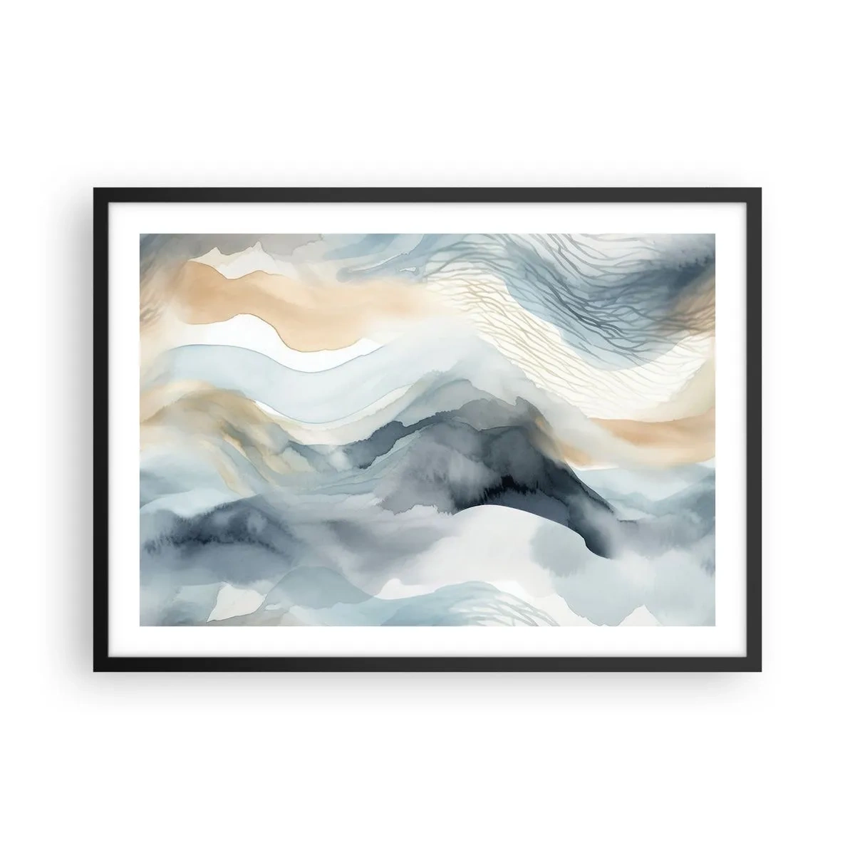 Affiche dans un cadre noir - Poster - Une abstraction délicate avec un motif de montagne dans des tons pastel. - 70x50cm - Abstraction enneigée et brumeuse - Décoration murale moderne pour le salon et la chambre ARTTOR