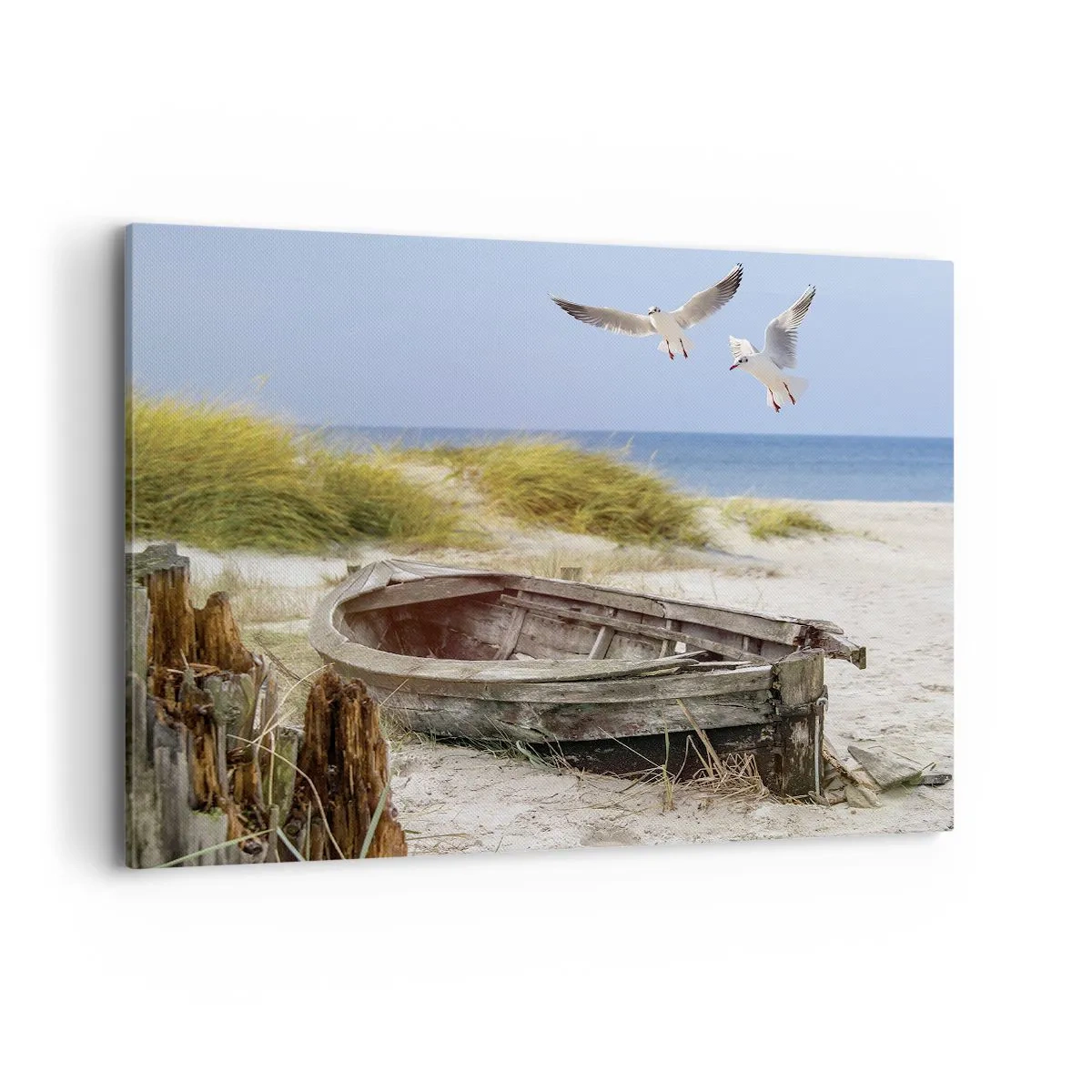 Impression sur toile - Image sur toile - Bateau abandonné sur une plage avec des mouettes - 120x80cm - Bain de vent - Décoration murale moderne pour le salon et la chambre ARTTOR