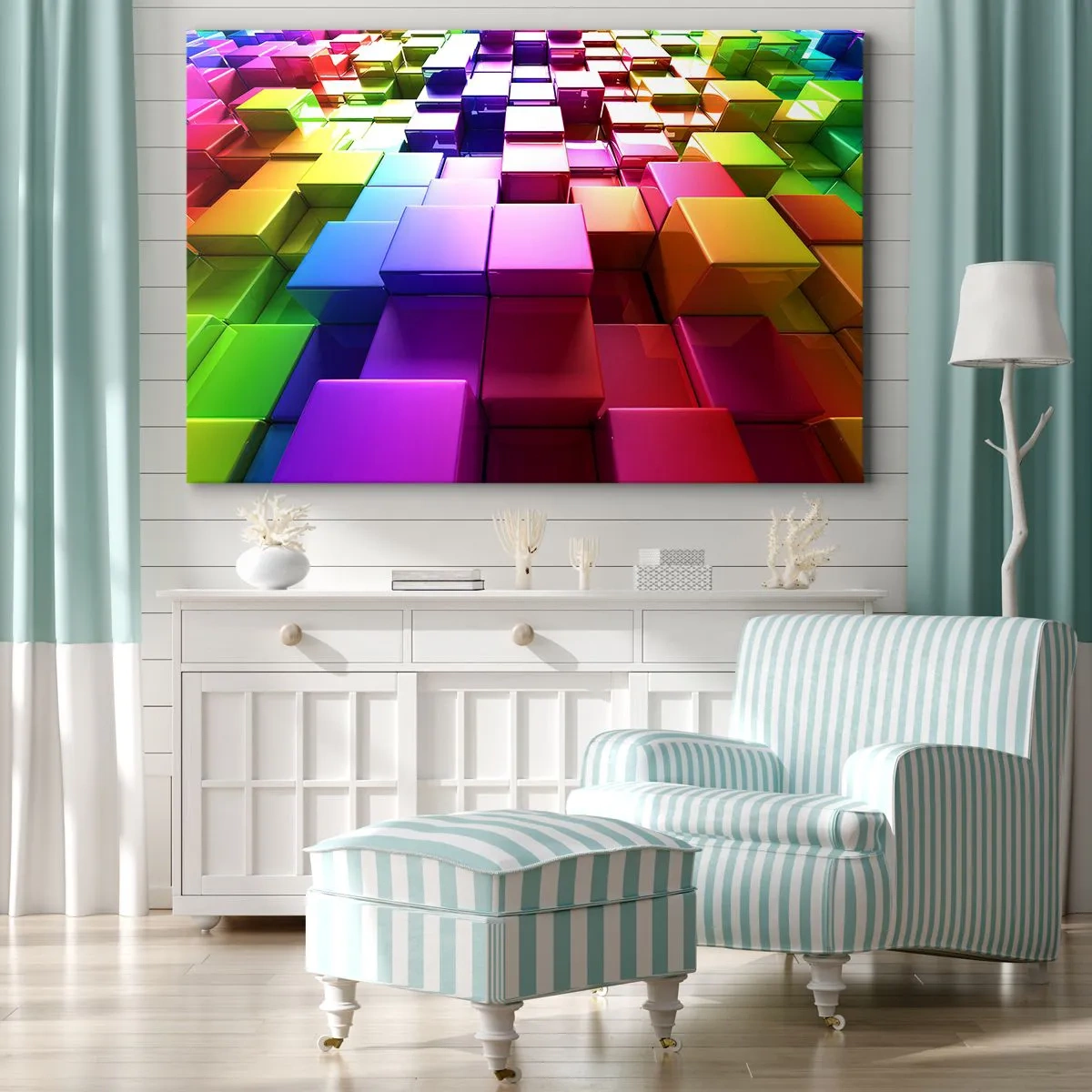 Impression sur toile - Image sur toile - Cubes géométriques 3D colorés - 70x50cm - Collaboration Op art dans une équipe - Décoration murale moderne pour le salon et la chambre ARTTOR