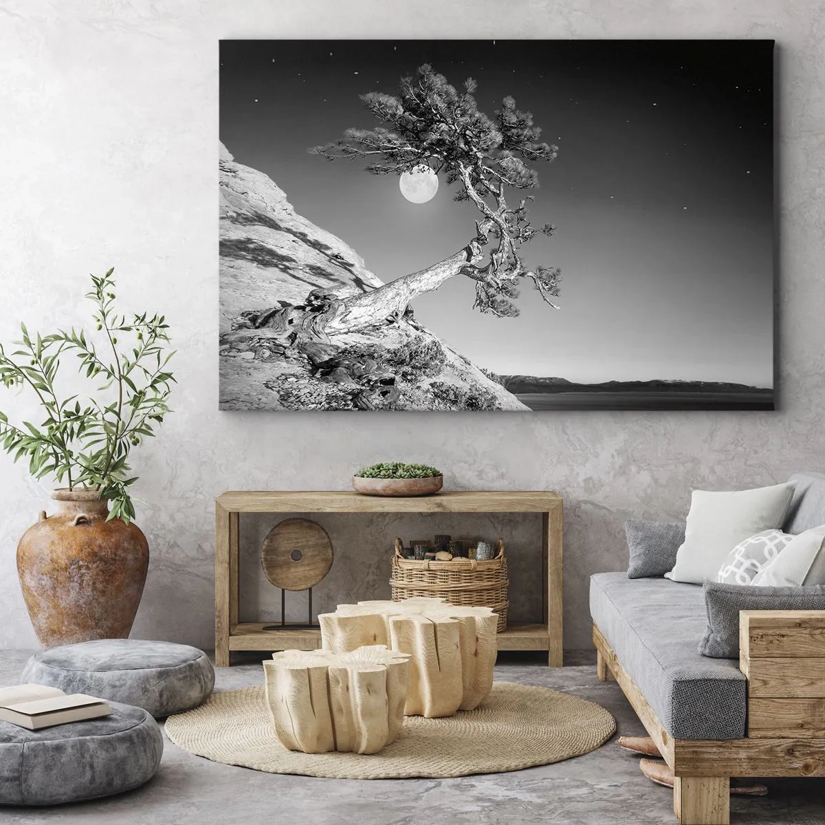 Impression sur toile - Image sur toile - Arbre noir et blanc sur une falaise avec la lune en arrière-plan - 70x50cm - Un combattant vainqueur - Décoration murale moderne pour le salon et la chambre ARTTOR