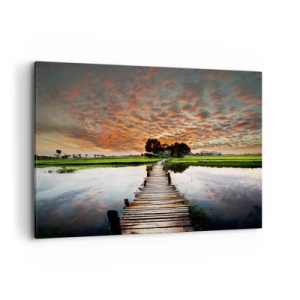 Impression sur toile - Image sur toile - Pont en bois sur l'eau au coucher du soleil - 100x70cm - Étendez vos bras - respirez - Décoration murale moderne pour le salon et la chambre ARTTOR