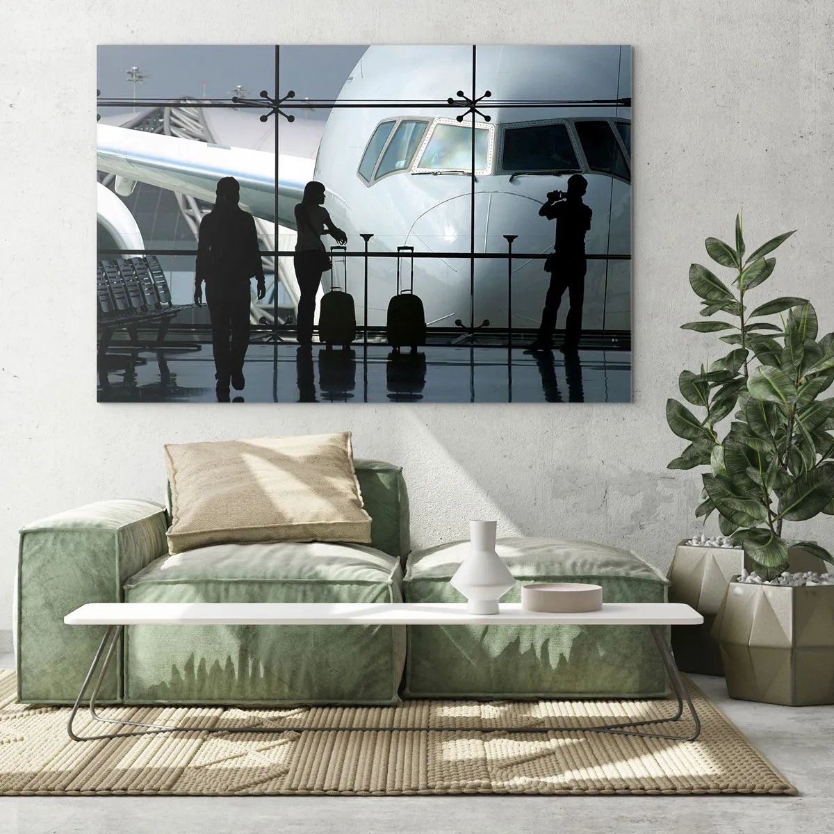 Impression sur verre - Image sur verre - Aéroport avec vue sur l'avion et silhouettes de voyageurs - 120x80cm - Vis-à-vis de l'aéroport - Décoration murale moderne pour le salon et la chambre ARTTOR