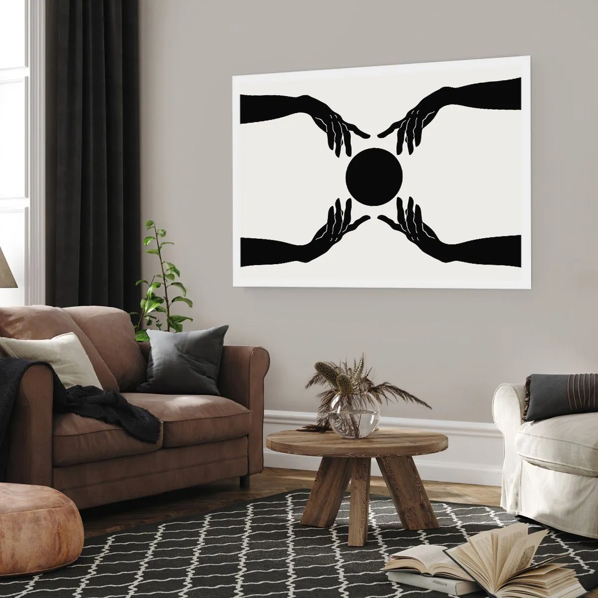 Affiche - Poster - Mains noires dans une composition symétrique avec une boule - 100x70cm - Signe secret - Décoration murale moderne pour le salon et la chambre ARTTOR