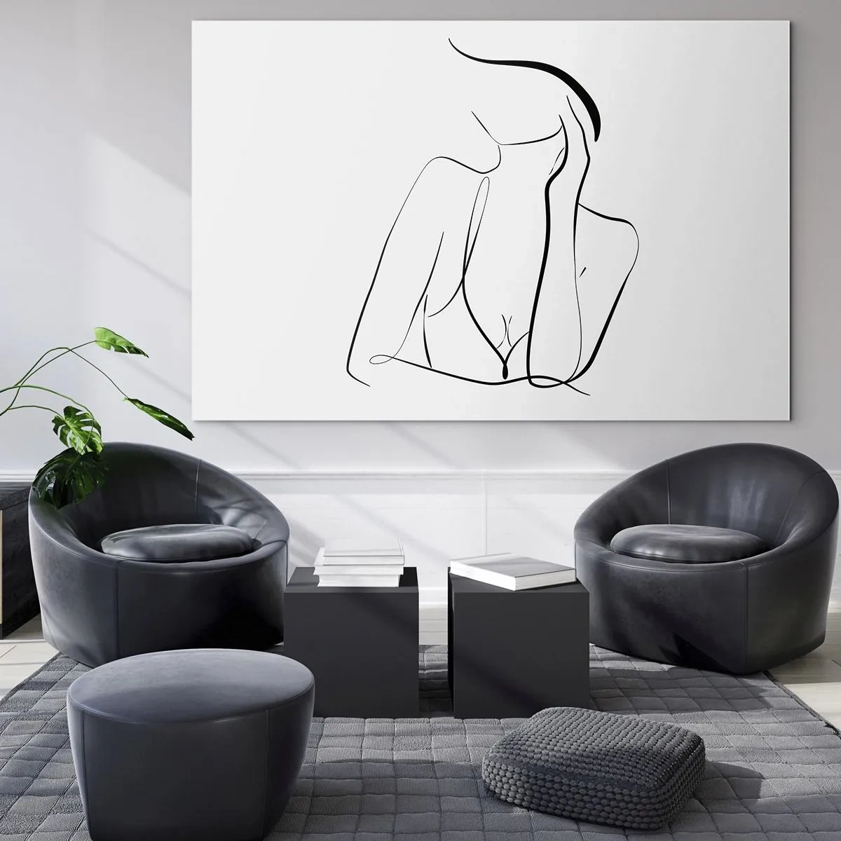 Impression sur verre - Image sur verre - Une ligne simple montrant le contour du corps dans des tons de noir et blanc - 100x70cm - Sur les vague d'un rêve - Décoration murale moderne pour le salon et la chambre ARTTOR