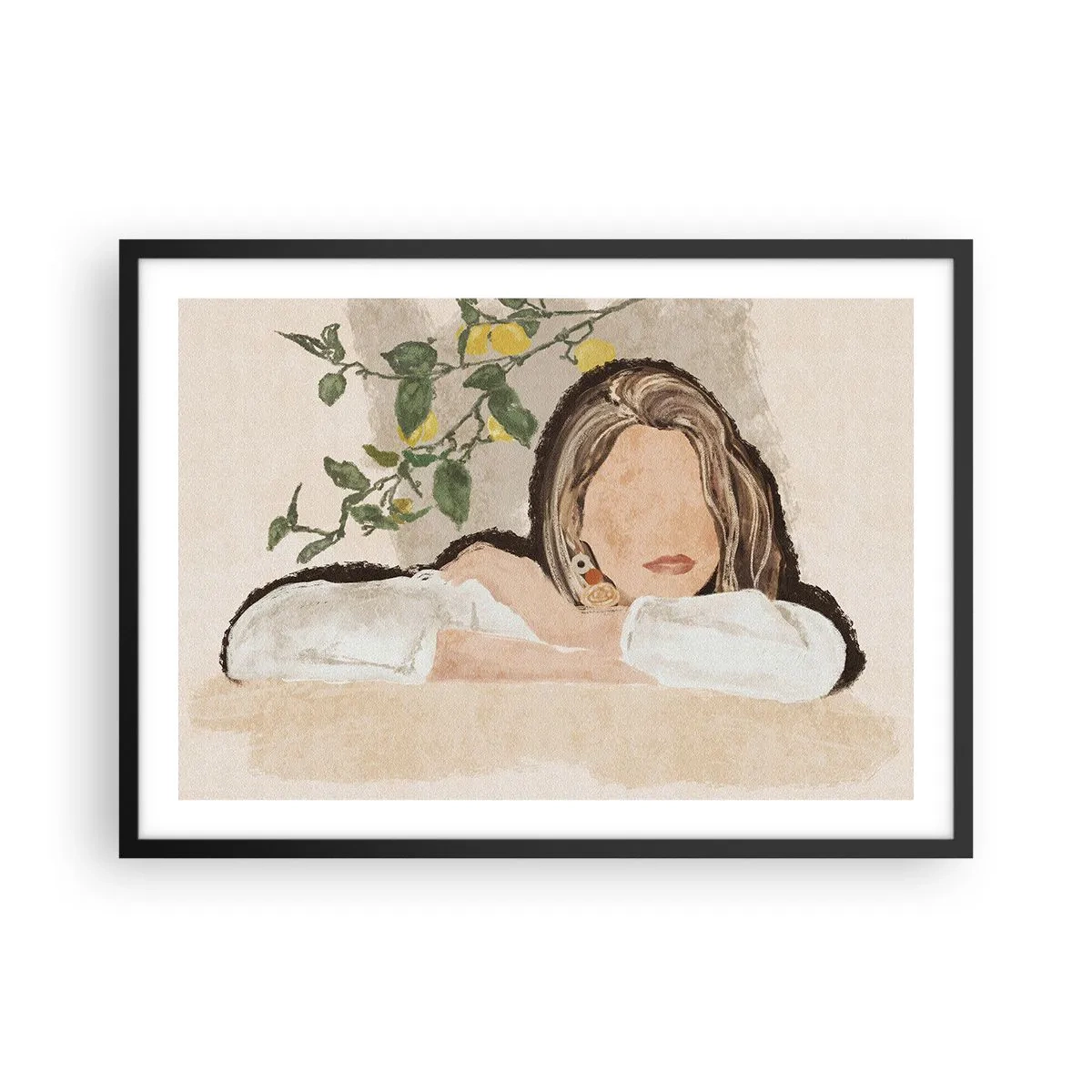 Affiche dans un cadre noir - Poster - La figure d'une femme sur fond de citronnier - 70x50cm - La beauté du sud - Décoration murale moderne pour le salon et la chambre ARTTOR