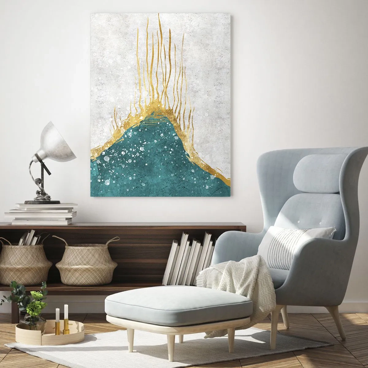 Impression sur verre - Image sur verre - Une composition abstraite dans des tons d'or et de turquoise - 80x120cm - Marée dorée - Décoration murale moderne pour le salon et la chambre ARTTOR