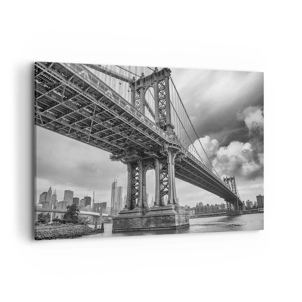 Impression sur toile - Image sur toile - Un pont en noir et blanc avec vue sur la ville - 120x80cm - Au coeur de la ville - Décoration murale moderne pour le salon et la chambre ARTTOR