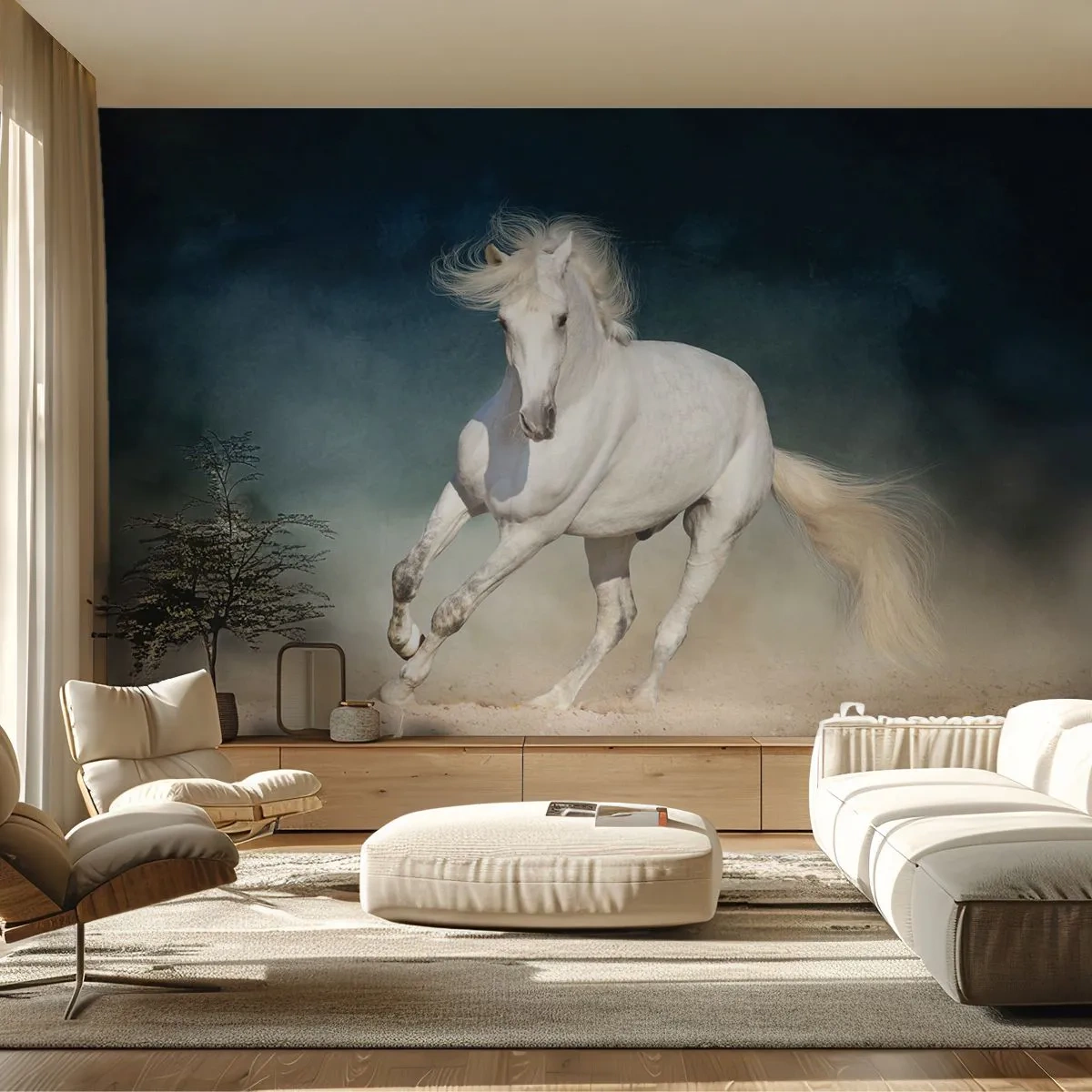 Papier Peint Photo Premium Sand - Un cheval blanc au galop dans un ciel sombre - 100x70cm - La liberté à l'état pur - Décoration murale moderne pour le salon et la chambre ARTTOR