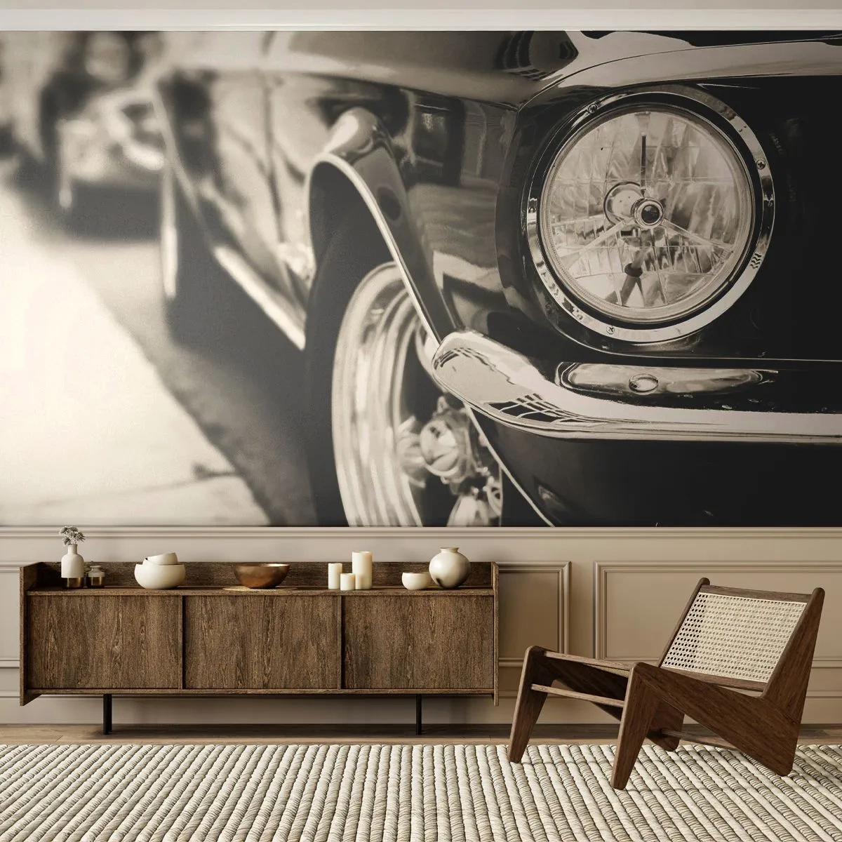 Papier Peint Photo Premium Sand - Une voiture classique en noir et blanc - 100x70cm - Brillance permanente - Décoration murale moderne pour le salon et la chambre ARTTOR