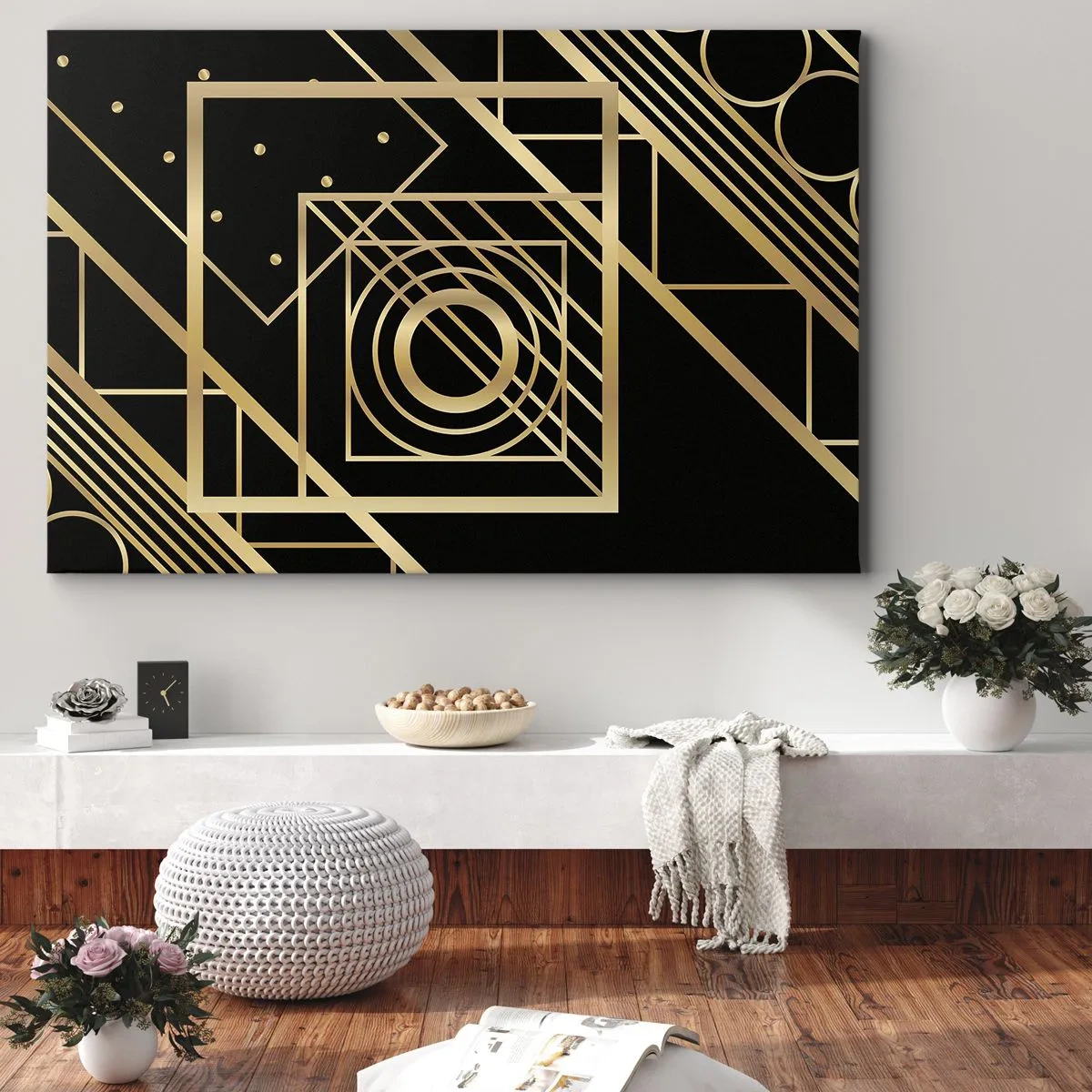 Impression sur toile - Image sur toile - Motifs géométriques dorés sur fond noir - 120x80cm - Géométrie en or - Décoration murale moderne pour le salon et la chambre ARTTOR