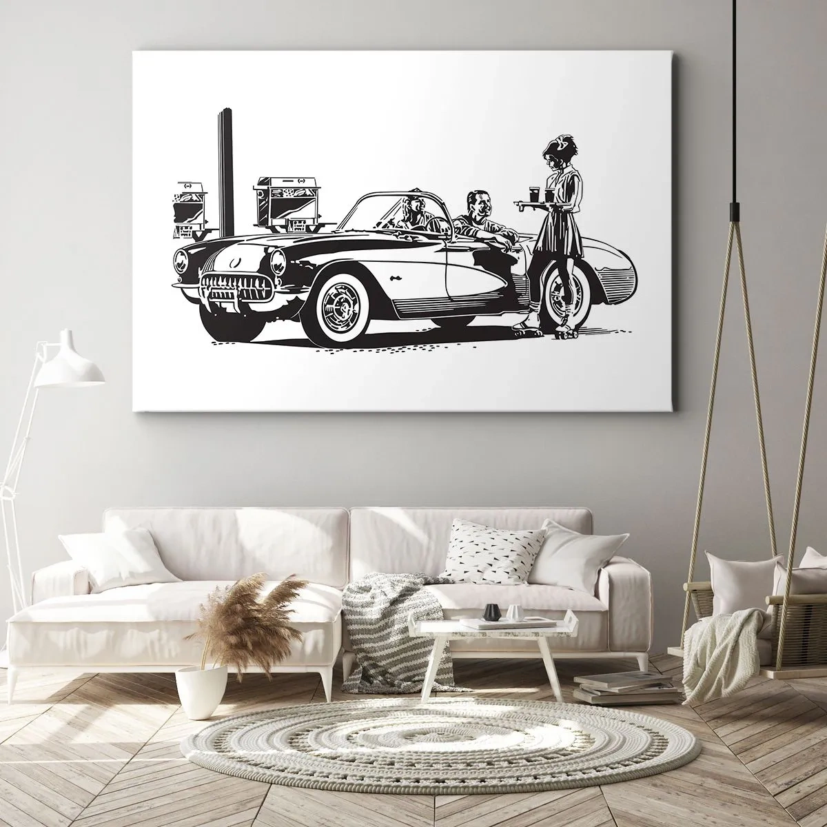 Impression sur toile - Image sur toile - Une scène rétro en noir et blanc avec une voiture et une serveuse en patins à roulettes. - 120x80cm - 60's - Amérique insouciante - Décoration murale moderne pour le salon et la chambre ARTTOR