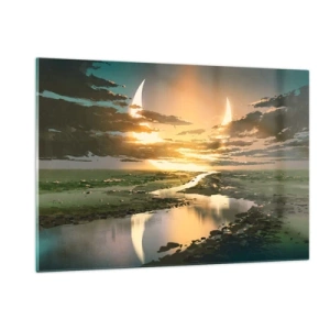 Impression sur verre - Image sur verre - Un paysage fantastique avec une double lune sur la rivière - 120x80cm - Quelque part dans une galaxie lointaine, très lointaine - Décoration murale moderne pour le salon et la chambre ARTTOR