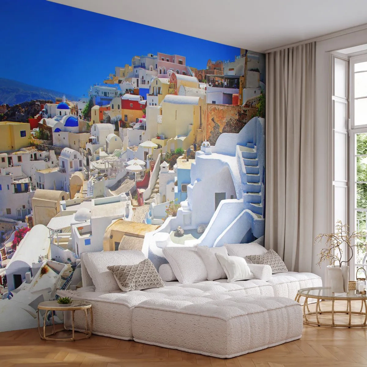 Papier Peint Photo Premium Sand - Les maisons blanches de Santorin contre le ciel bleu - 100x70cm - Le rêve d'un été grec - Décoration murale moderne pour le salon et la chambre ARTTOR