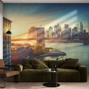 Papier Peint Photo Premium Canvas - L'aube de la grande ville - New York, Ville, le pont de Brooklyn - 150x105 cm
