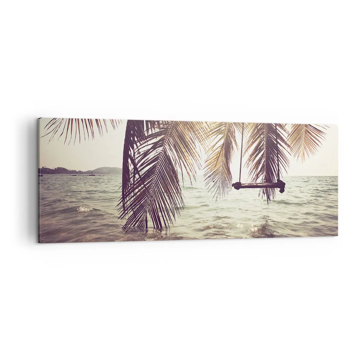 Impression sur toile - Image sur toile - Palmier avec une balançoire au-dessus de l'eau au soleil - 140x50cm - Vous pouvez vous balancer dans les nuages