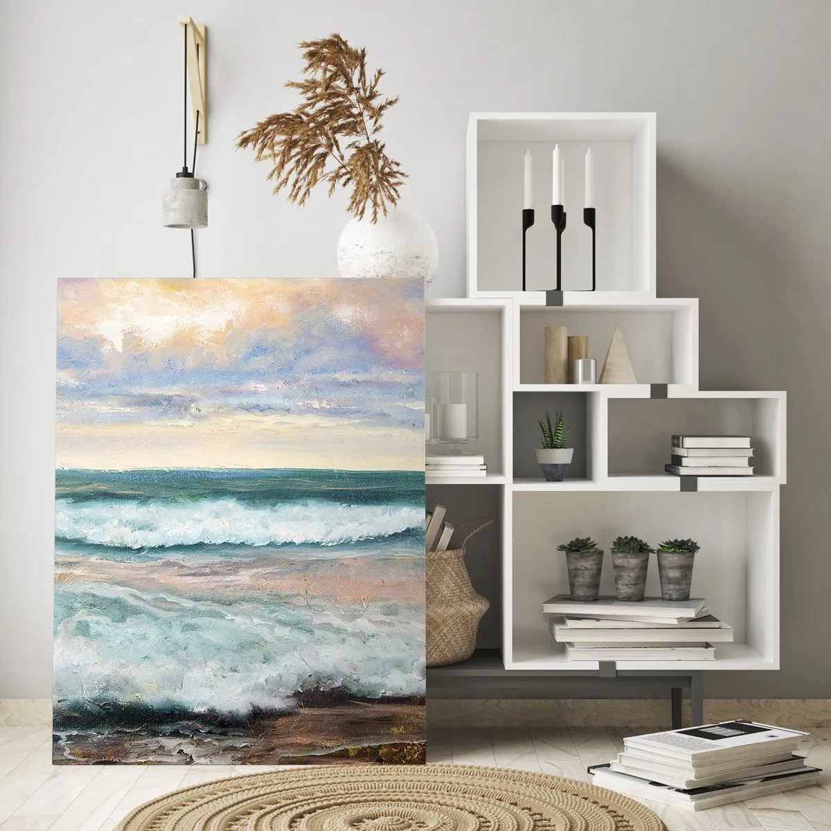 Impression sur verre - Image sur verre - Vagues de la mer contre un ciel nuageux au coucher du soleil - 70x100cm - Ici tu adouciras ton âme - Décoration murale moderne pour le salon et la chambre ARTTOR