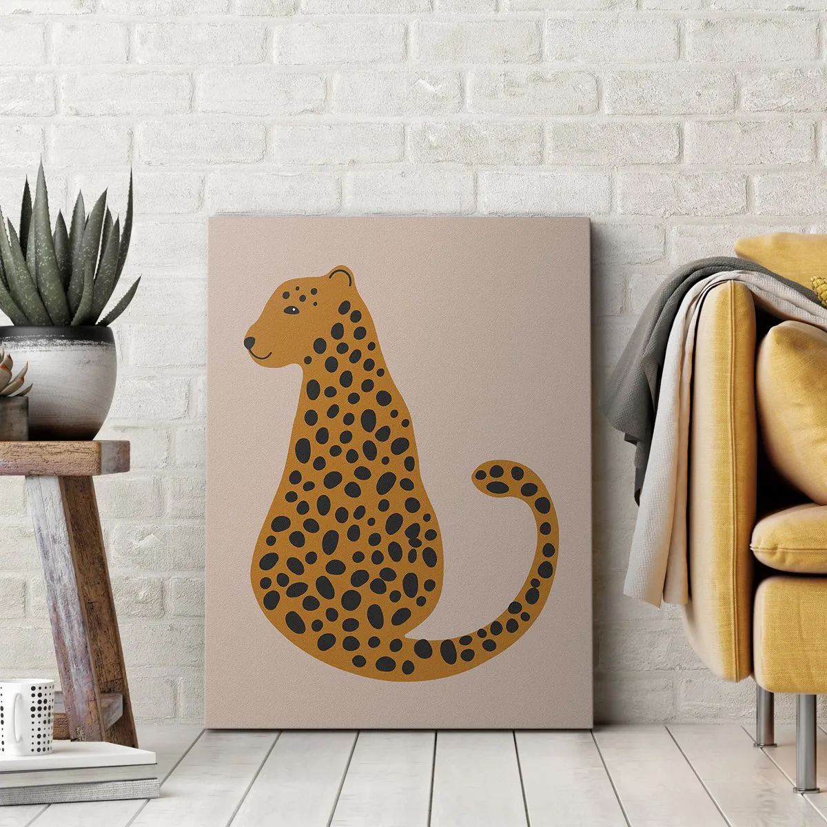 Impression sur toile - Image sur toile - Un dessin minimaliste d'une panthère sur fond beige - 50x70cm - La panthère est un motif à la mode - Décoration murale moderne pour le salon et la chambre ARTTOR