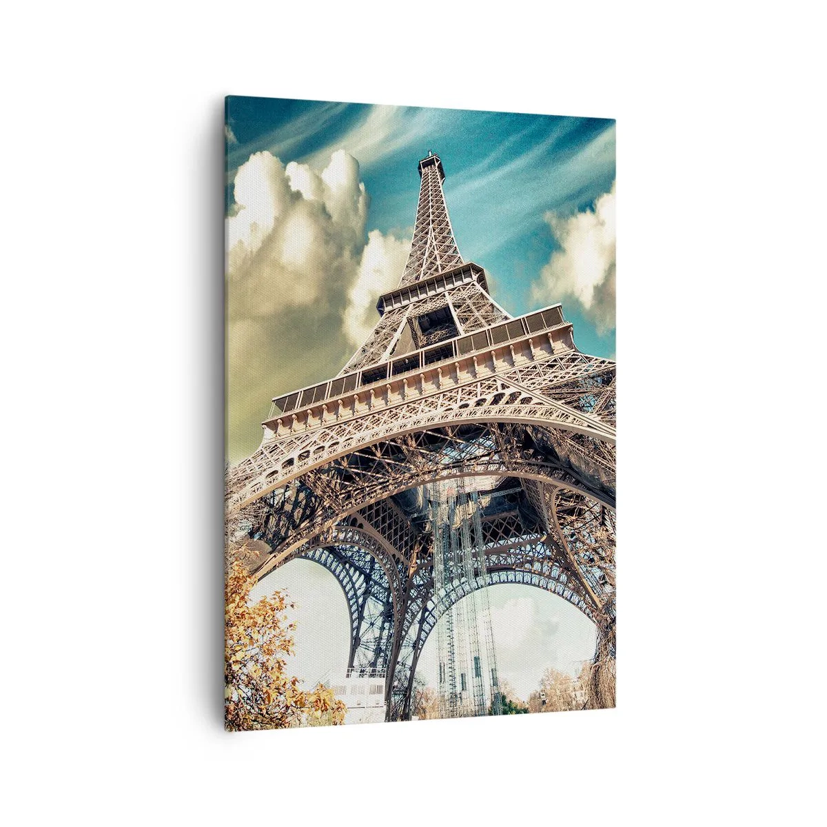 Impression sur toile - Image sur toile - La Tour Eiffel vue d'en bas dans un décor automnal - 70x100cm - Et en automne à Paris... - Décoration murale moderne pour le salon et la chambre ARTTOR
