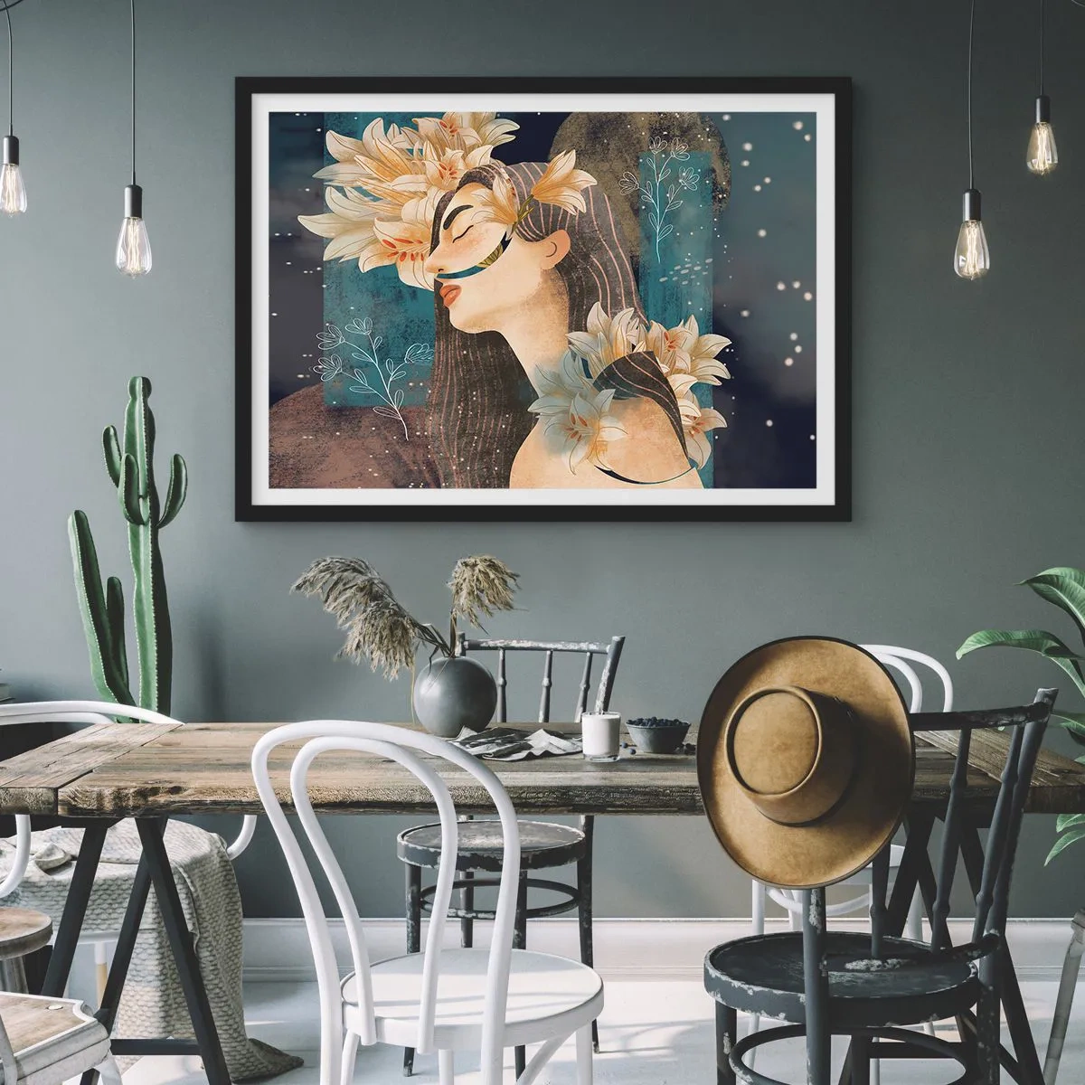 Affiche dans un cadre noir - Poster - Portrait d'une femme avec des fleurs dans un style artistique sur fond sombre - 70x50cm - Conte de fée sur la princesse lilas - Décoration murale moderne pour le salon et la chambre ARTTOR