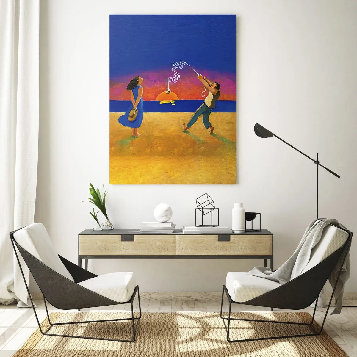 Impression sur verre - Image sur verre - Personnages au bord de la mer au coucher du soleil - 70x100cm - Plus qu'une étoile dans le ciel - Décoration murale moderne pour le salon et la chambre ARTTOR