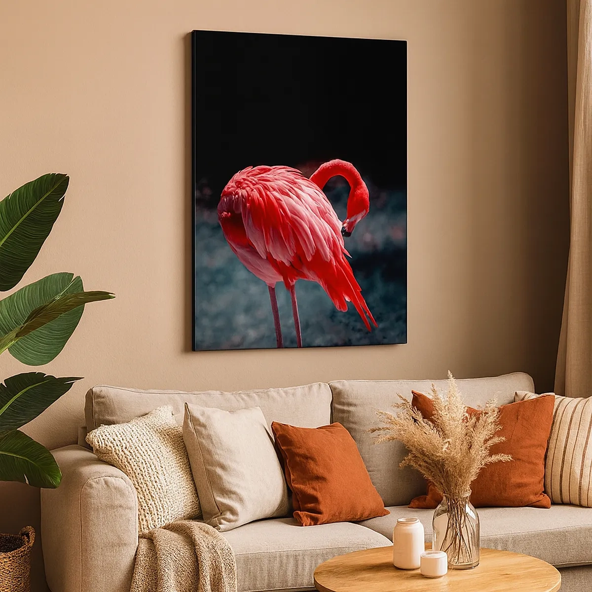Impression sur toile - Image sur toile - Un flamant rose sur fond vert foncé - 50x70cm - Poème cramoisi de la nature - Décoration murale moderne pour le salon et la chambre ARTTOR