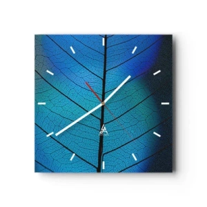 Horloge murale - Pendule murale - Gros plan d'une feuille bleue avec des détails de veines visibles - 30x30cm - Construction complexe - Décoration murale moderne pour le salon et la chambre ARTTOR